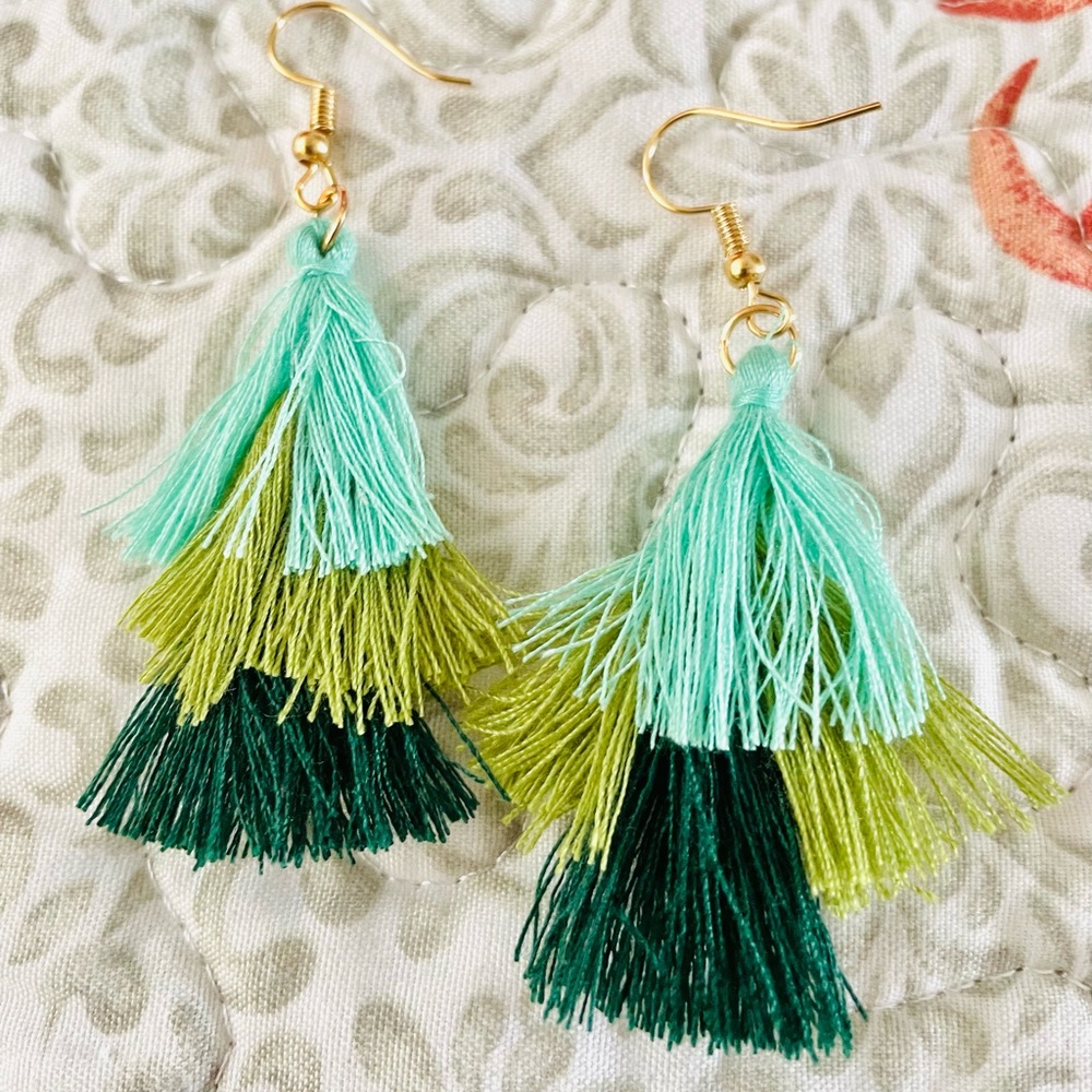 Green Tri-Colored Tassel Fishhook Earrings